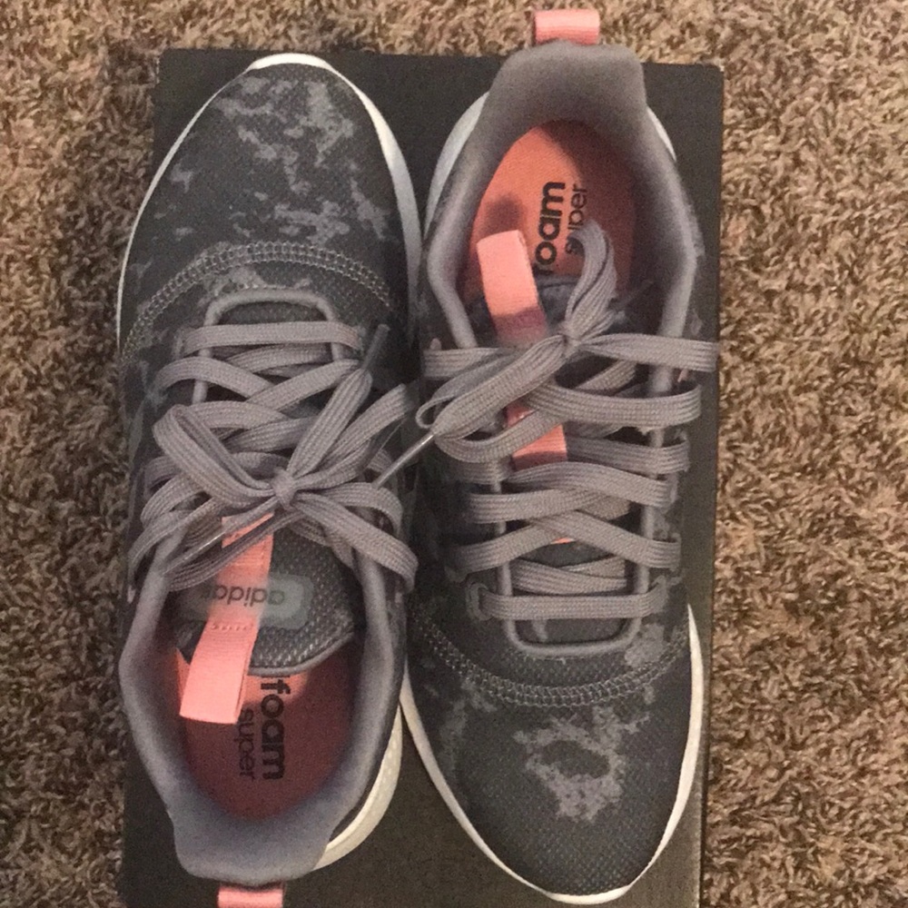 Women’s size 6.5 adidas grey and pink cloud foam sneakers.